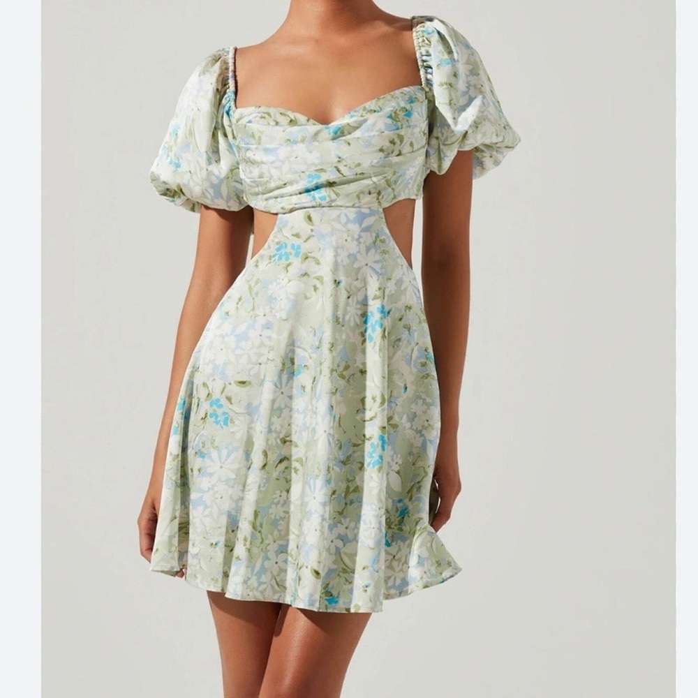 ASTR THE LABEL REVOLVE CLARITA FLORAL CUTOUT PUFF SLEEVE MINI DRESS M
